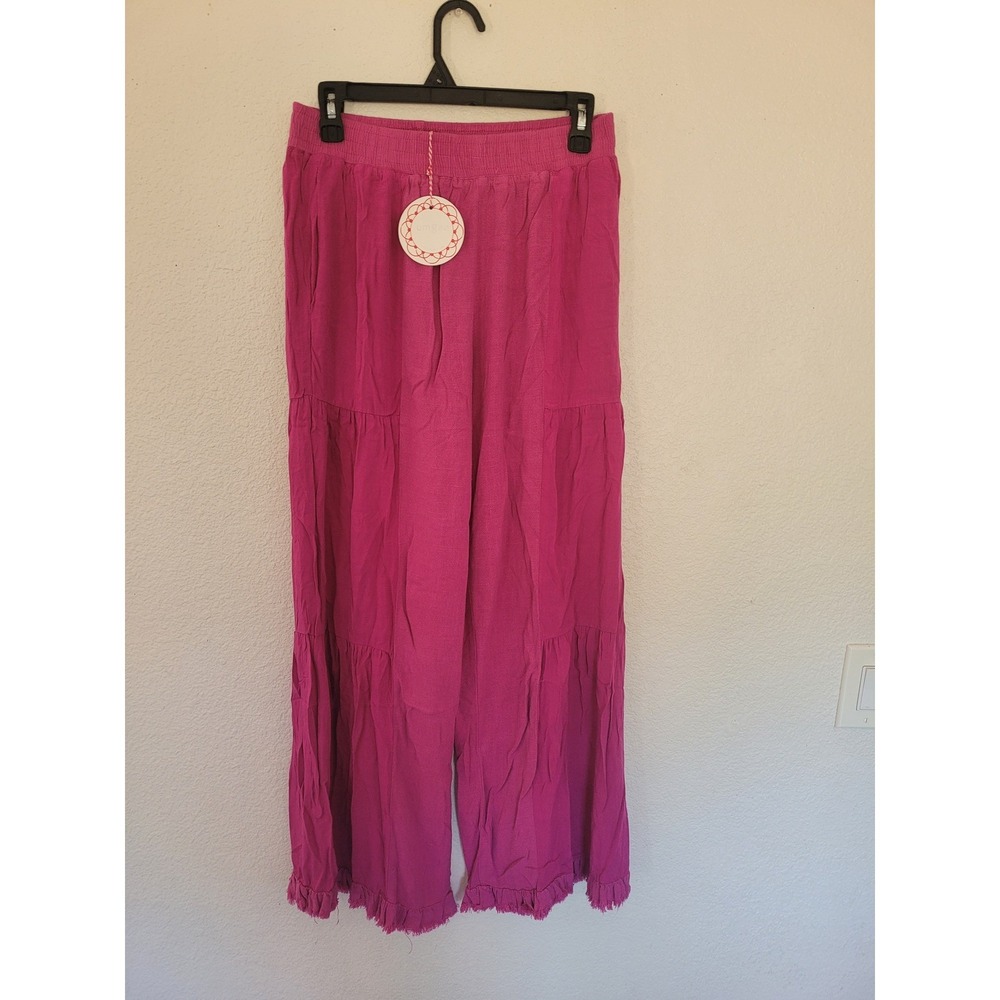 Umgee Magenta Pink Wide Leg Tiered Palazzo Pants Smocked Ruffle Hem Medium #12